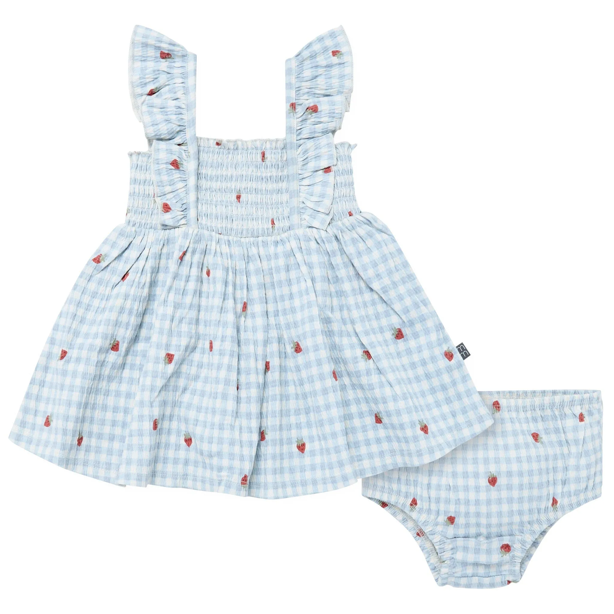 2-Piece Baby Girls Strawberry Gingham Ruffle Sleeve Dress and Diaper Cover Set