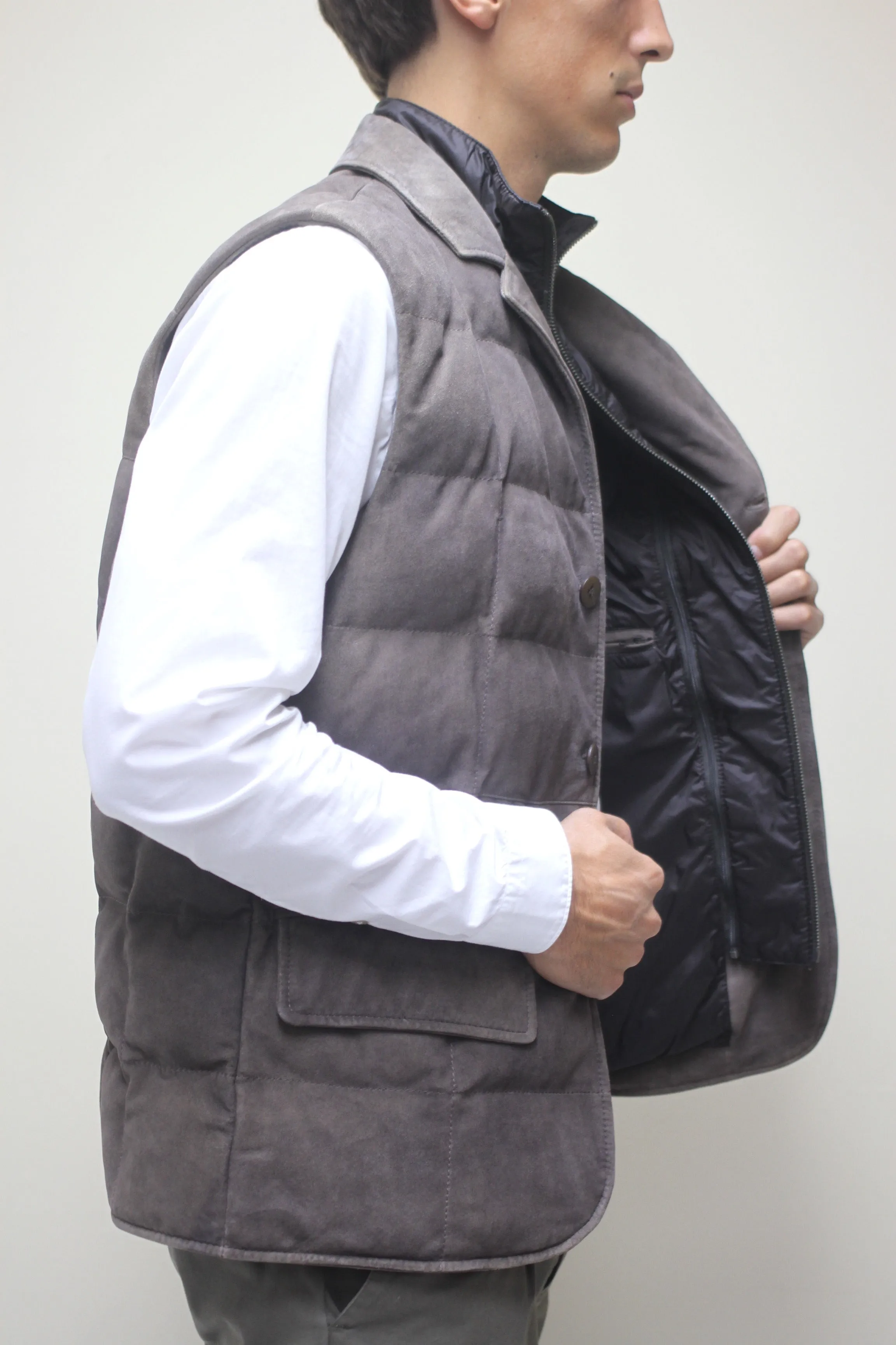 Antique Suede Puffy Vest with Removable Interior Collar