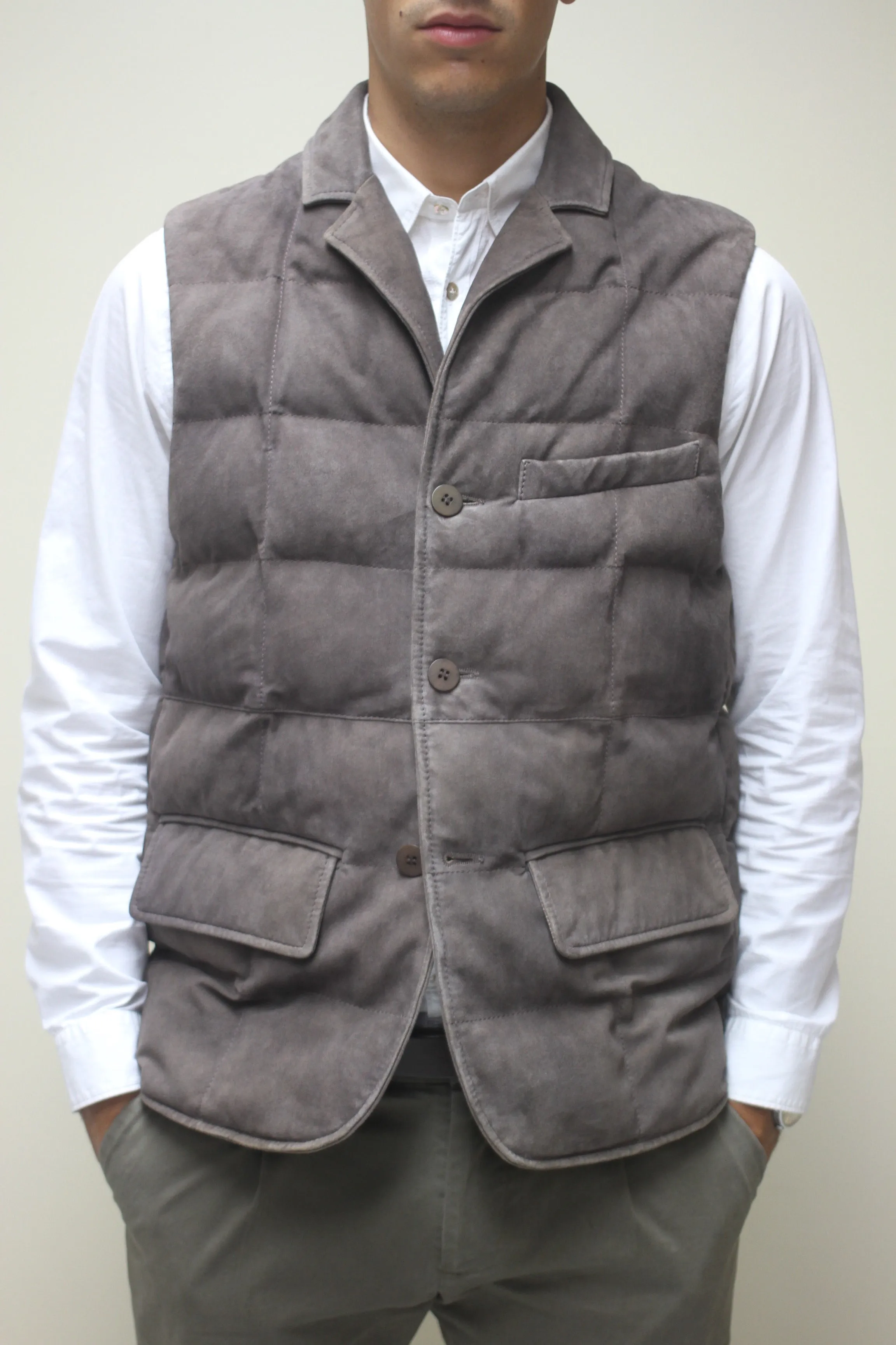 Antique Suede Puffy Vest with Removable Interior Collar