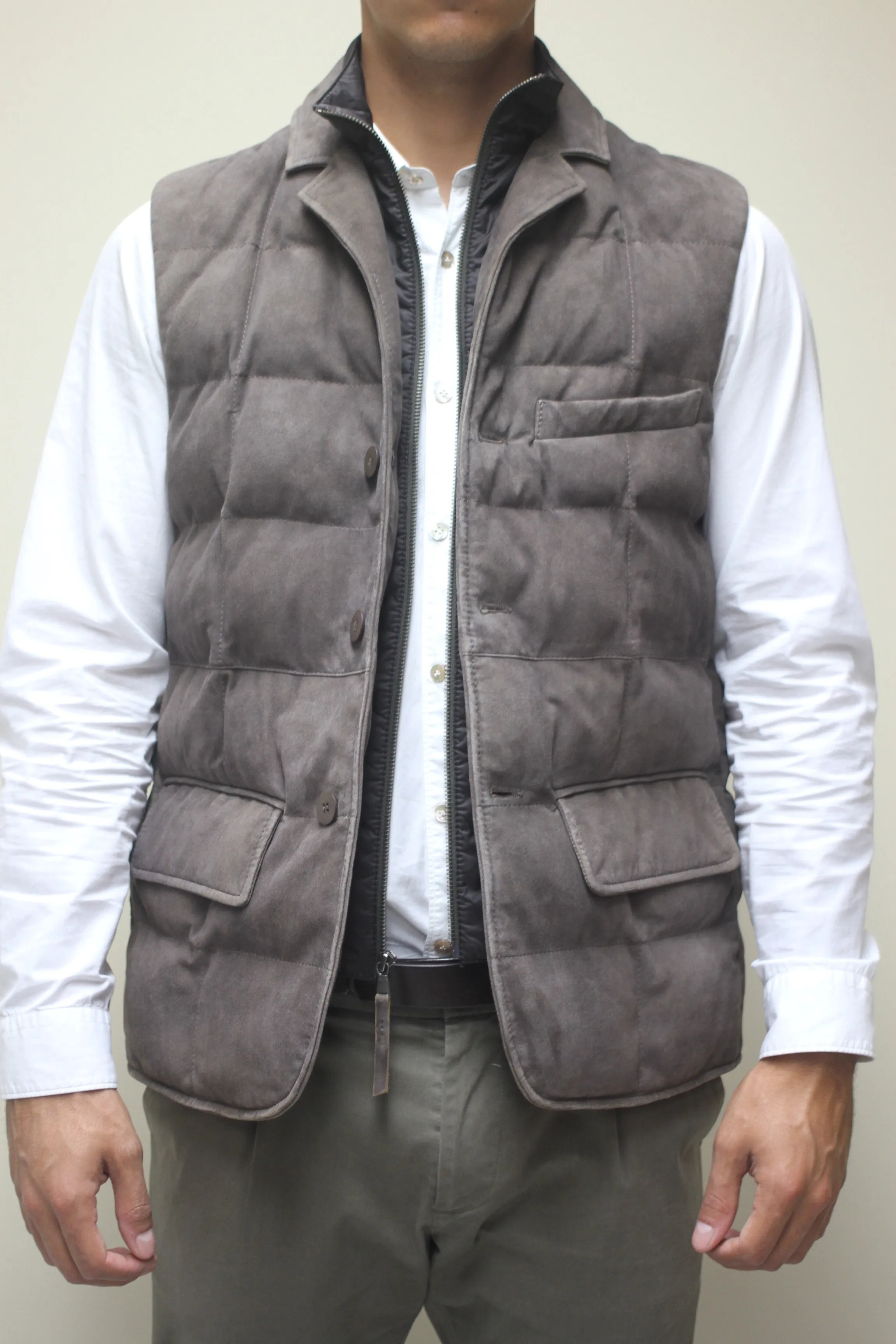 Antique Suede Puffy Vest with Removable Interior Collar