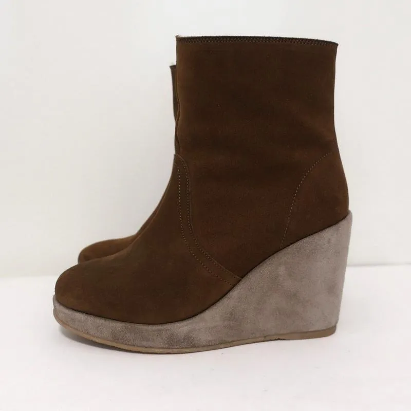 A.P.C. Shearling Wedge Booties Gaya Brown Suede Size 38 Platform Ankle Boots