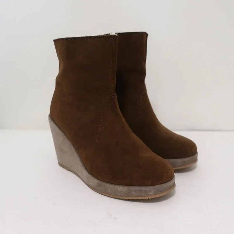 A.P.C. Shearling Wedge Booties Gaya Brown Suede Size 38 Platform Ankle Boots