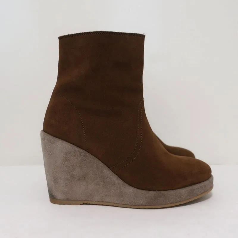 A.P.C. Shearling Wedge Booties Gaya Brown Suede Size 38 Platform Ankle Boots
