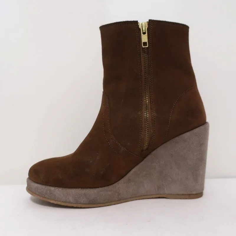 A.P.C. Shearling Wedge Booties Gaya Brown Suede Size 38 Platform Ankle Boots