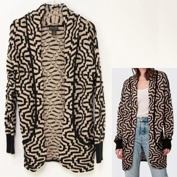 AS By DF Lou Cardigan Sweater Graphic Print Knit Wool CashmereTan Black Size XS