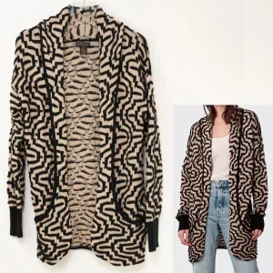 AS By DF Lou Cardigan Sweater Graphic Print Knit Wool CashmereTan Black Size XS