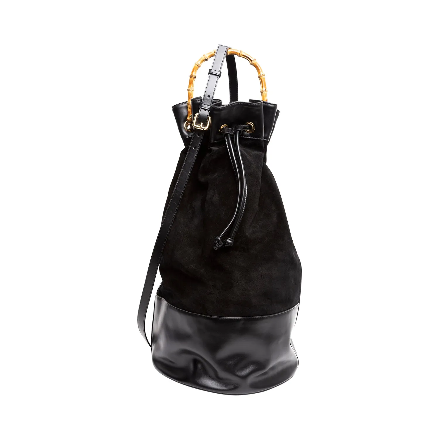 ATLAS Black Suede & Leather Sailor Bag w/ Bamboo Handle
