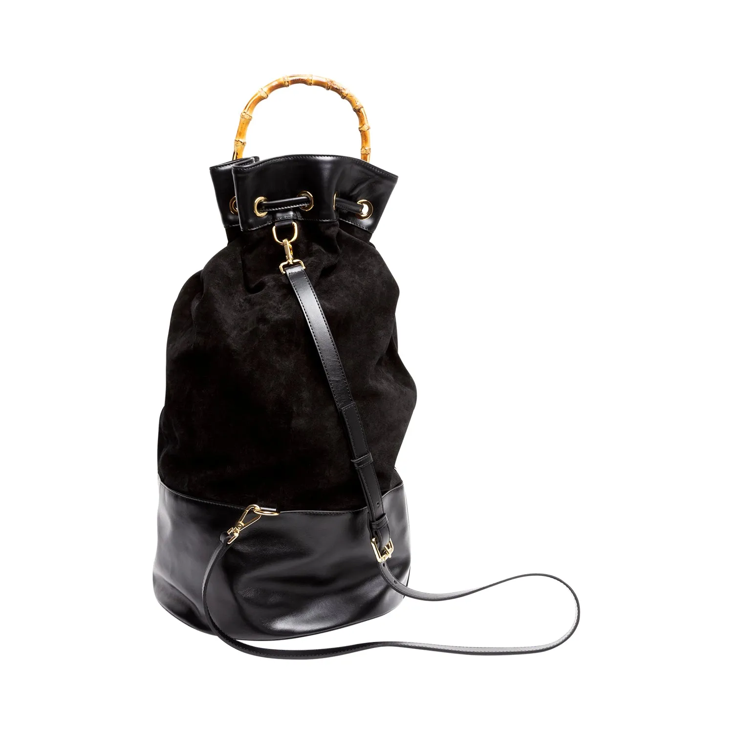 ATLAS Black Suede & Leather Sailor Bag w/ Bamboo Handle
