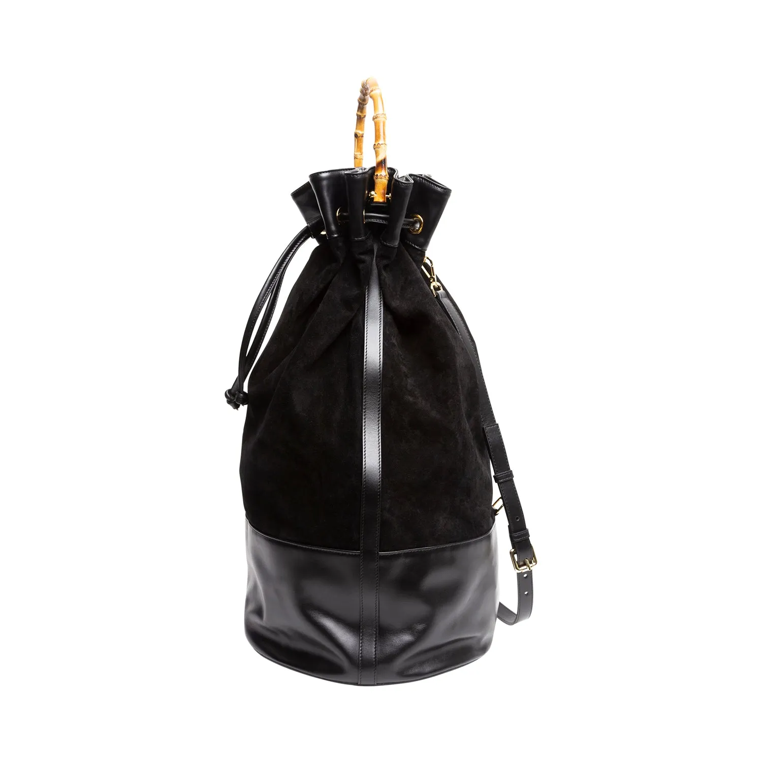ATLAS Black Suede & Leather Sailor Bag w/ Bamboo Handle