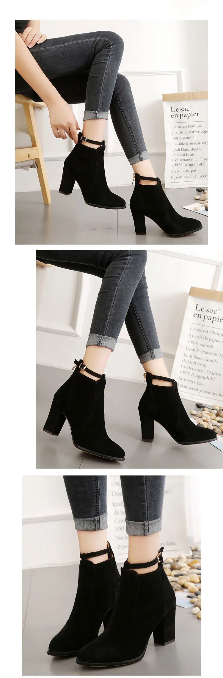 Autumn and Winter Booties Single Boots British Style Thick with High Heels Boots After Zipper Large Size Martin Boots