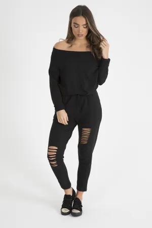 Black Bardot Distressed Jumpsuit - Bethan