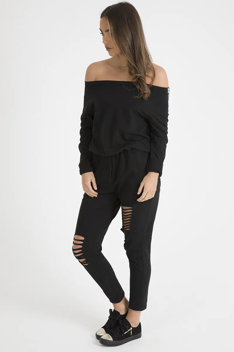 Black Bardot Distressed Jumpsuit - Bethan