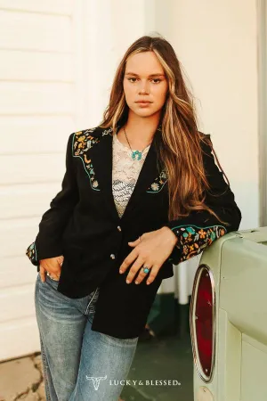 Black Suede Lucky Embroidered Sleeve with Yoke Blazer