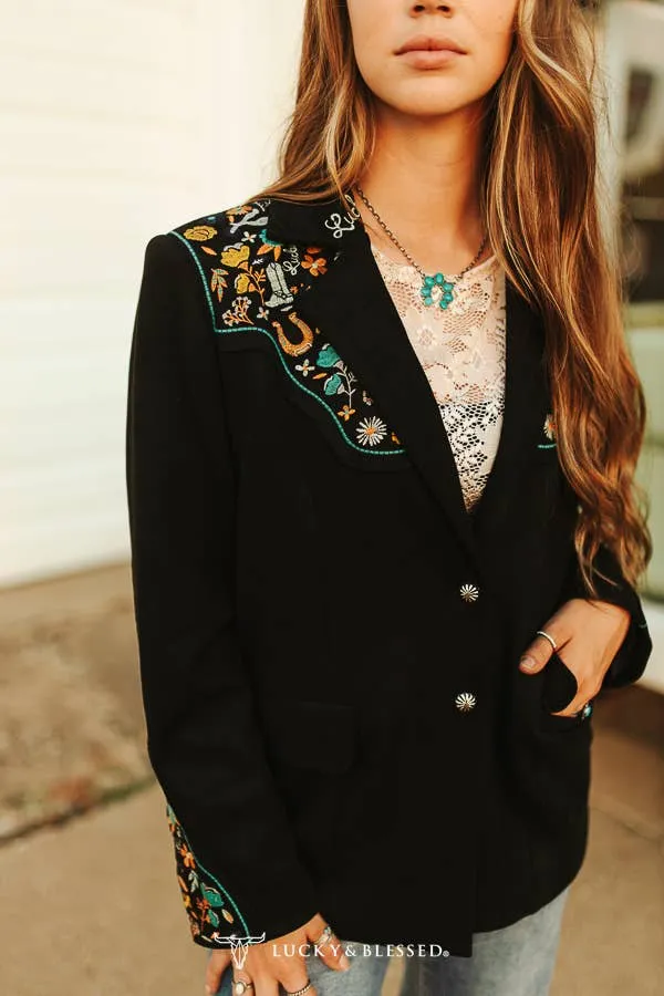 Black Suede Lucky Embroidered Sleeve with Yoke Blazer