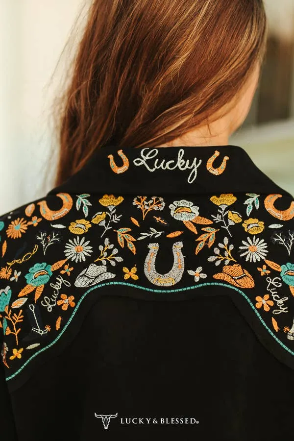 Black Suede Lucky Embroidered Sleeve with Yoke Blazer