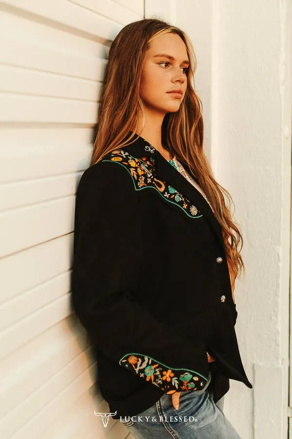 Black Suede Lucky Embroidered Sleeve with Yoke Blazer
