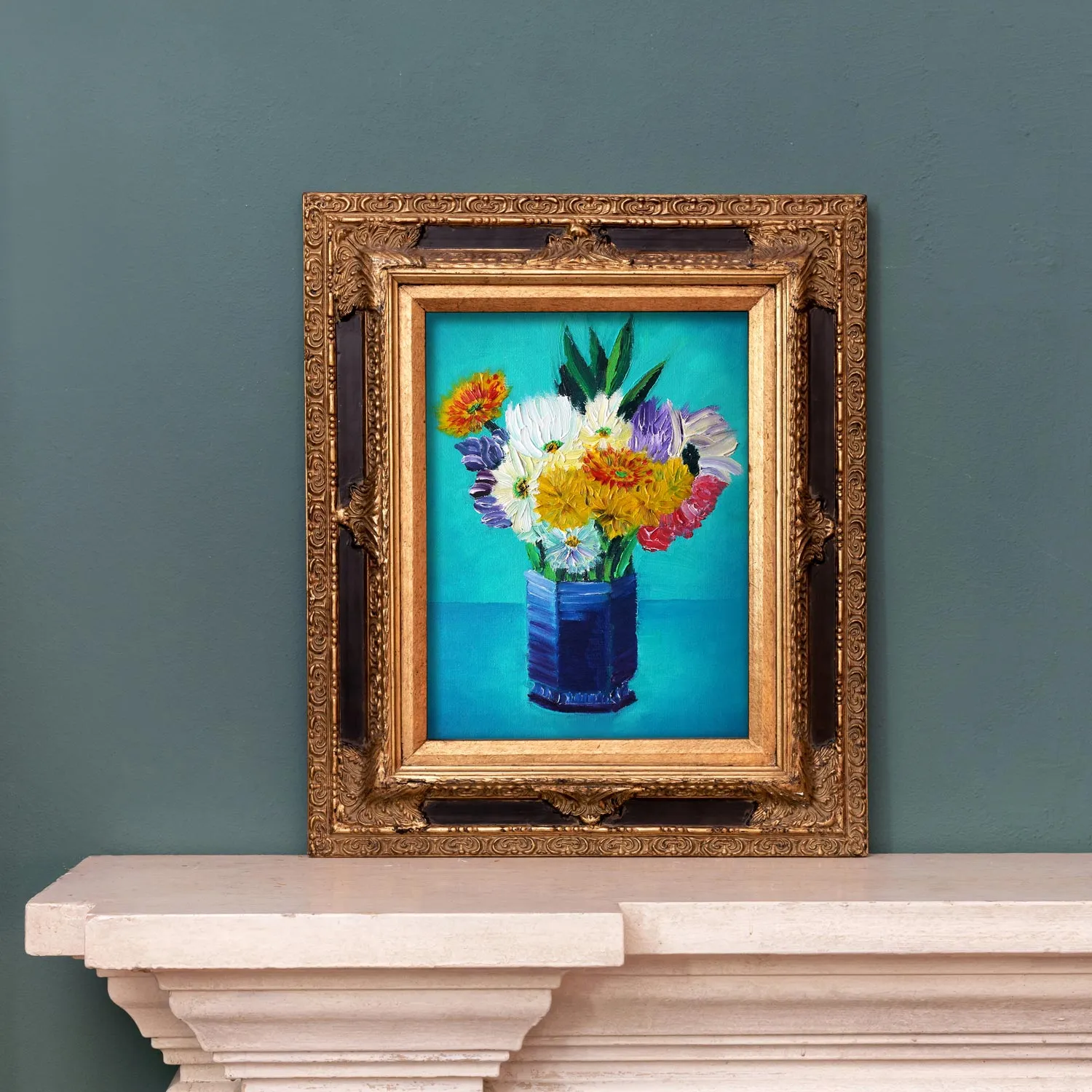 Bouquet of Flowers in a Blue Vase Print