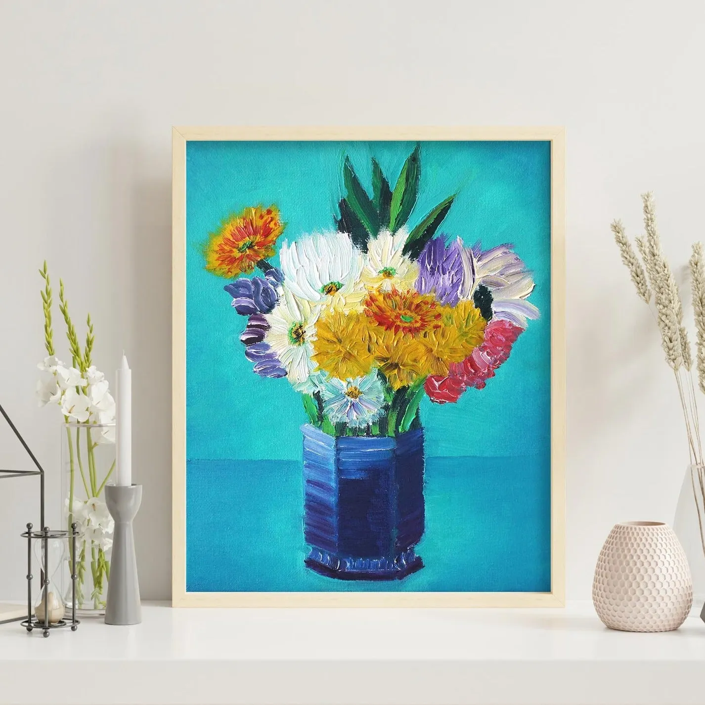 Bouquet of Flowers in a Blue Vase Print