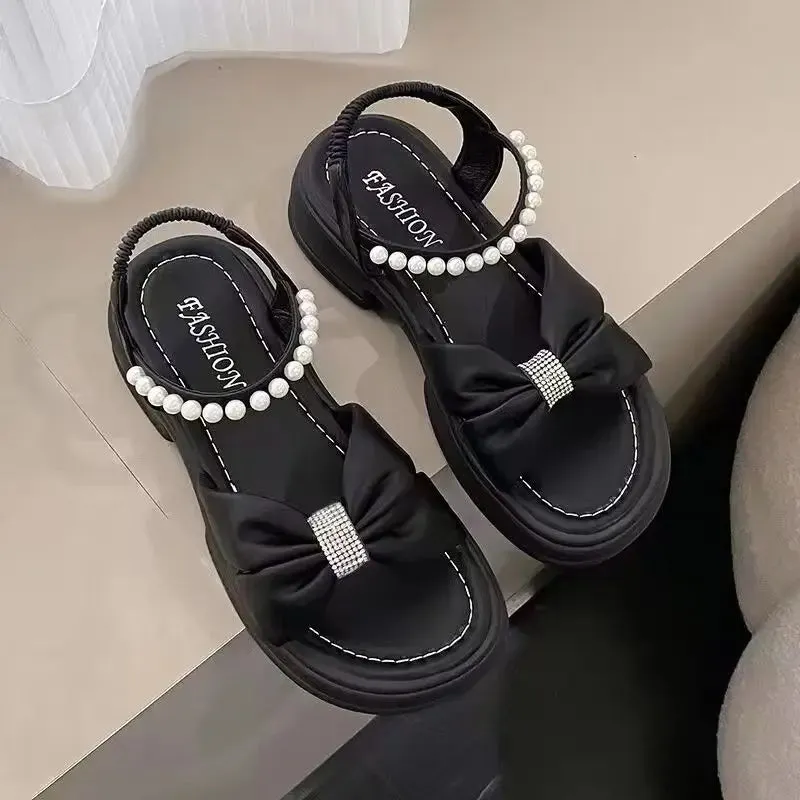 Bowtie Crystal Thick Platform Sandals Women's Fashion Pearl Strap Med Heel Sandles Woman Summer Back Elastic Band Open Toe Shoes