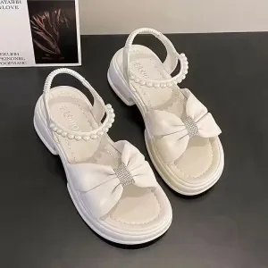 Bowtie Crystal Thick Platform Sandals Women's Fashion Pearl Strap Med Heel Sandles Woman Summer Back Elastic Band Open Toe Shoes