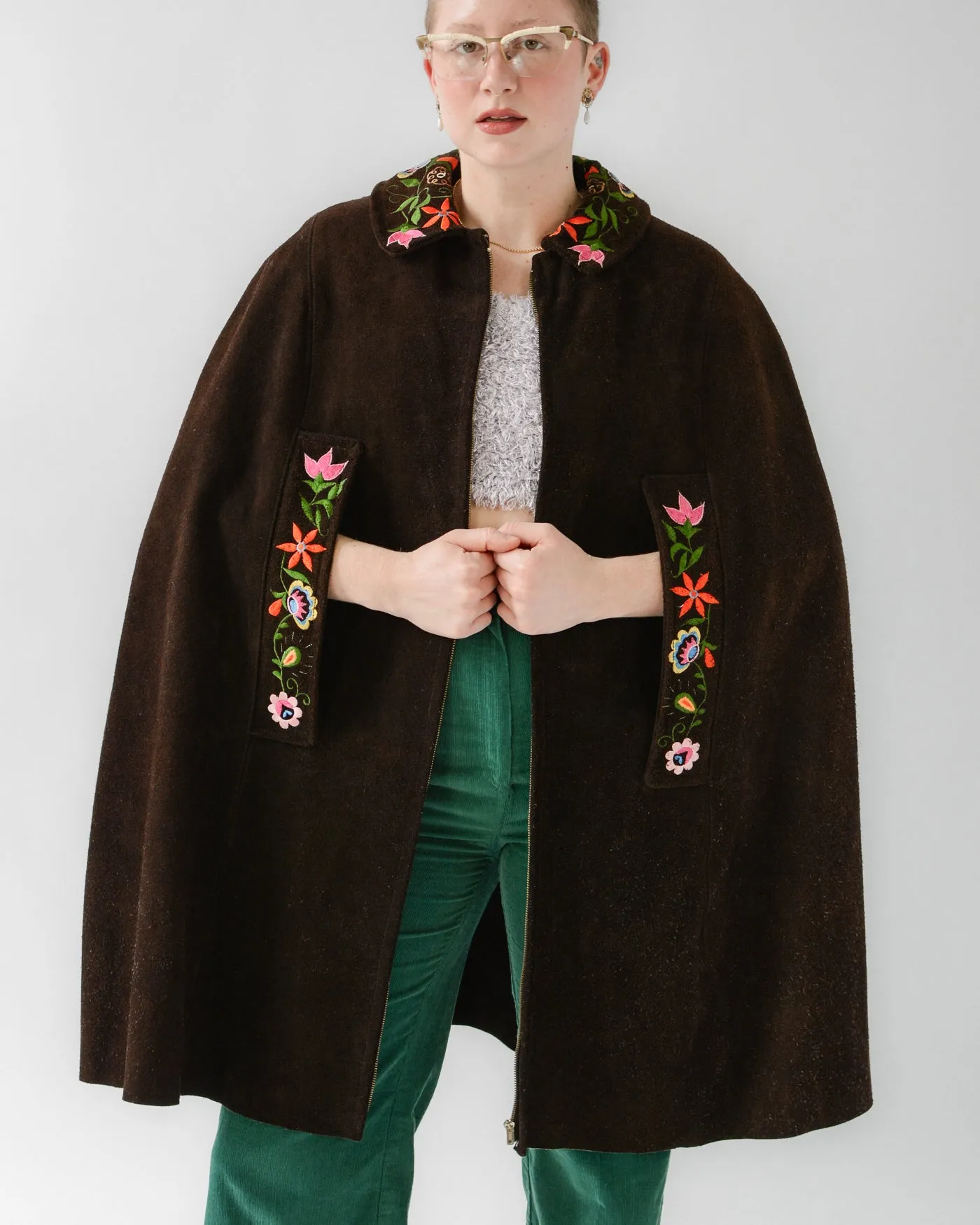 Chocolate Colorful Embroidered Suede Poncho