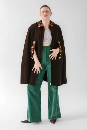 Chocolate Colorful Embroidered Suede Poncho