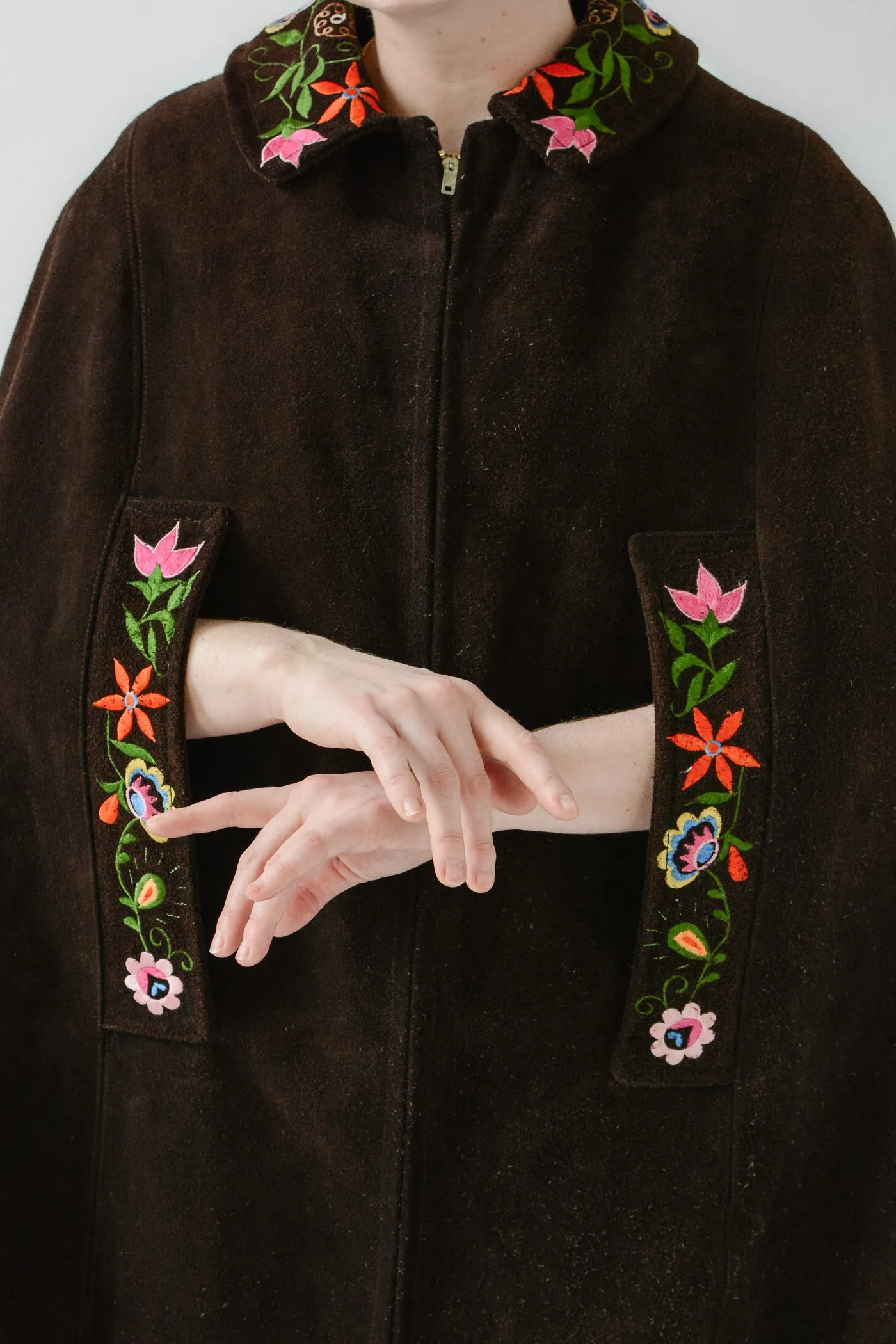 Chocolate Colorful Embroidered Suede Poncho