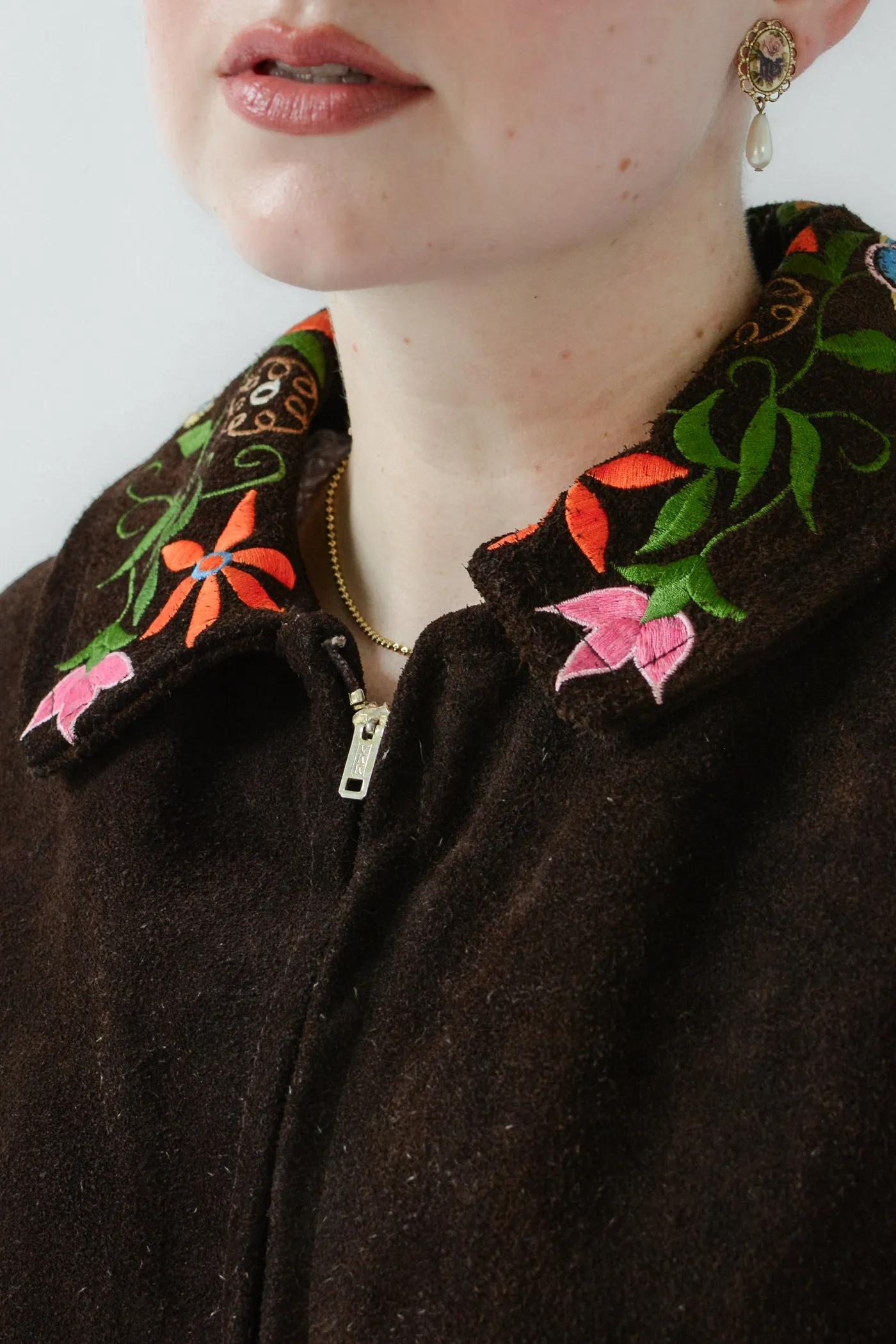 Chocolate Colorful Embroidered Suede Poncho
