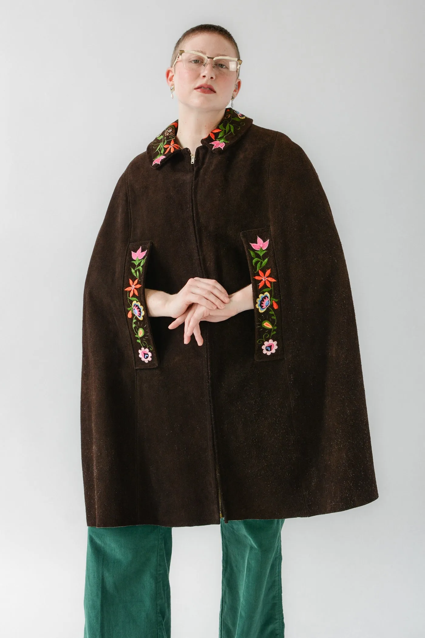 Chocolate Colorful Embroidered Suede Poncho
