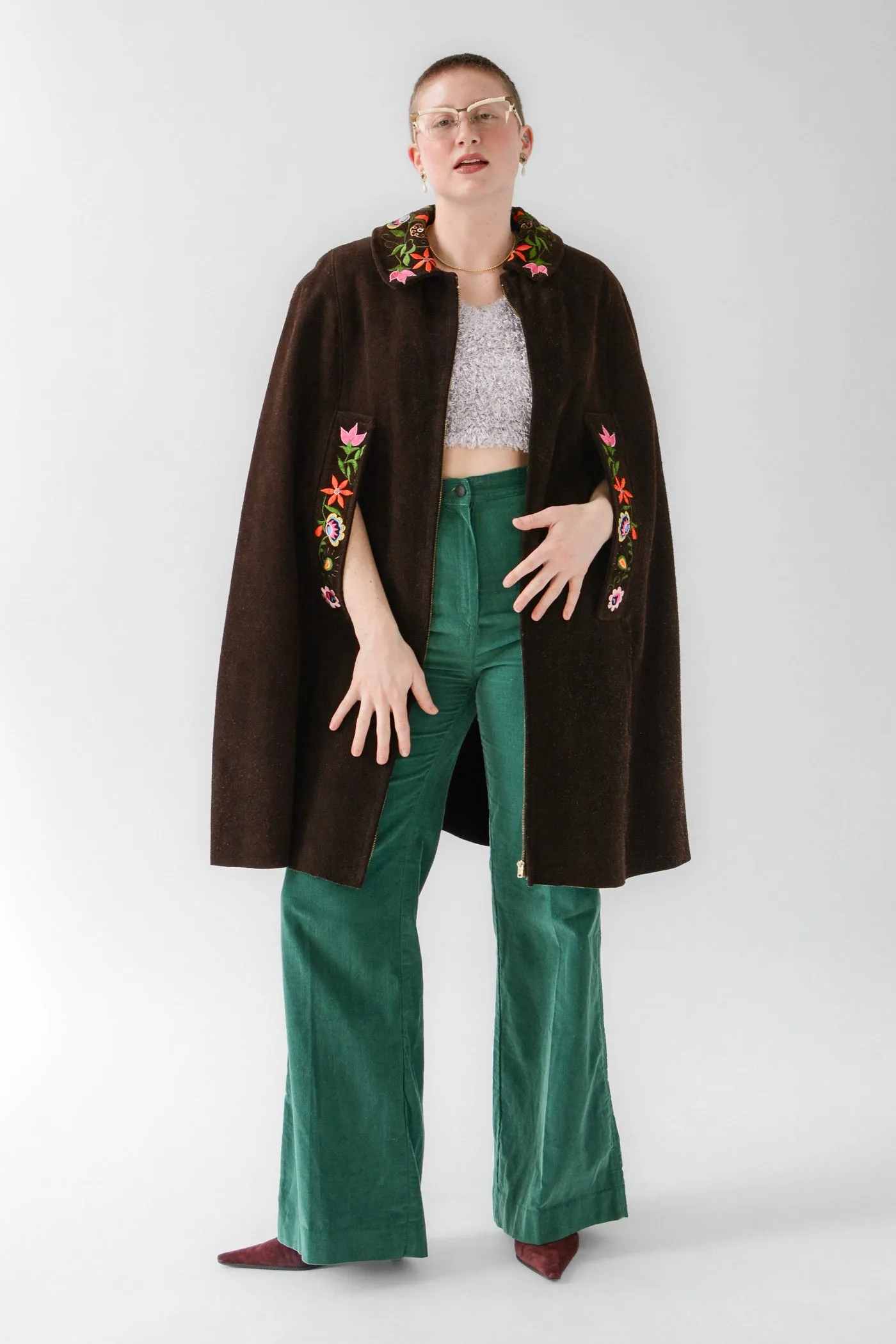 Chocolate Colorful Embroidered Suede Poncho