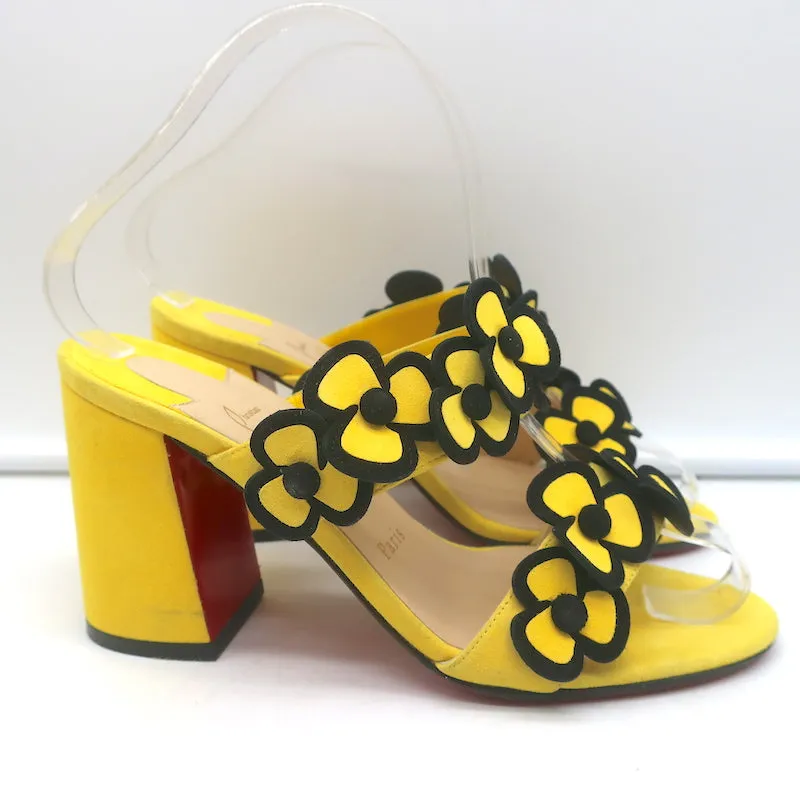 Christian Louboutin Tres Pansy Slide Sandals Yellow Suede Size 37 Open Toe Heels