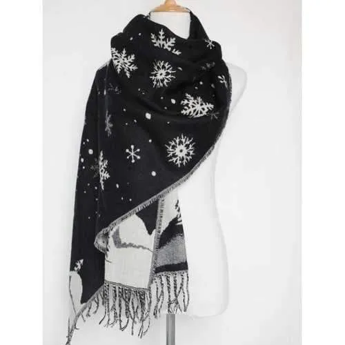 Christmas Snow Covered Landscape Tassel Warm Scarf - Black