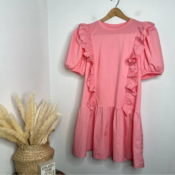 English Factory Pink Puff Sleeve Ruffle Detail Short Sleeve  Mini Dress Size L