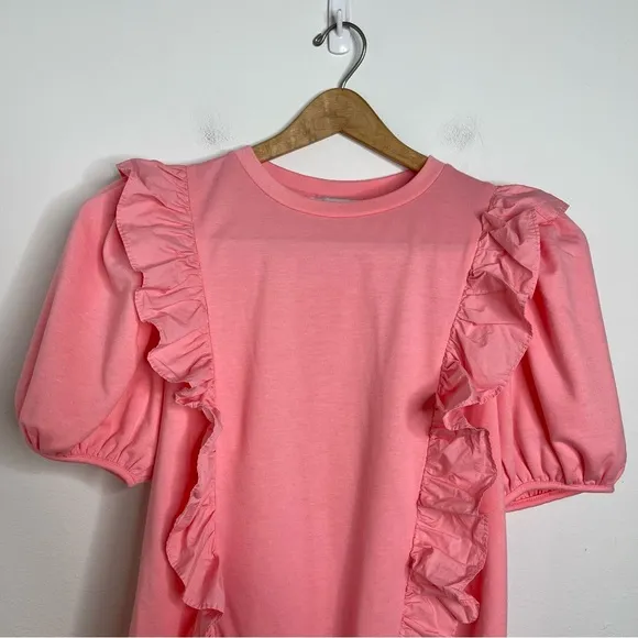 English Factory Pink Puff Sleeve Ruffle Detail Short Sleeve  Mini Dress Size L