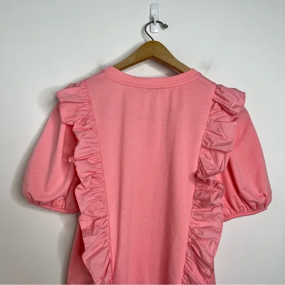 English Factory Pink Puff Sleeve Ruffle Detail Short Sleeve  Mini Dress Size L