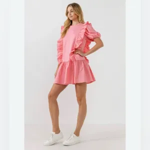 English Factory Pink Puff Sleeve Ruffle Detail Short Sleeve  Mini Dress Size L