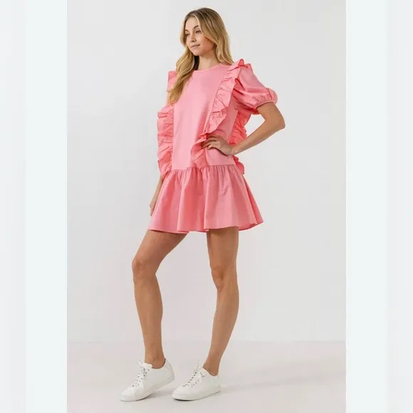 English Factory Pink Puff Sleeve Ruffle Detail Short Sleeve  Mini Dress Size L