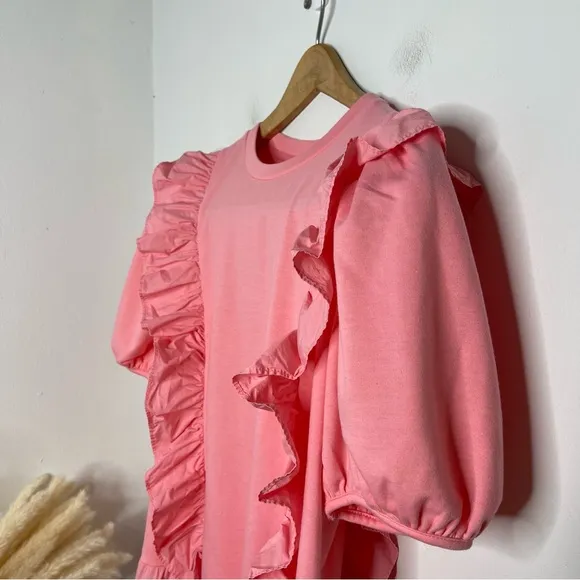 English Factory Pink Puff Sleeve Ruffle Detail Short Sleeve  Mini Dress Size L