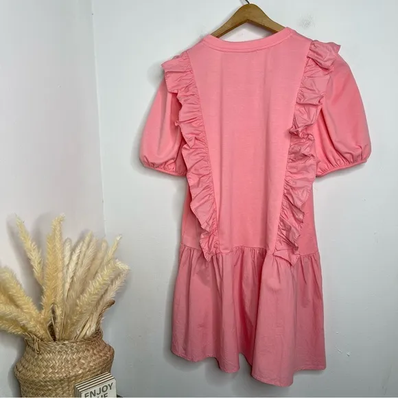 English Factory Pink Puff Sleeve Ruffle Detail Short Sleeve  Mini Dress Size L