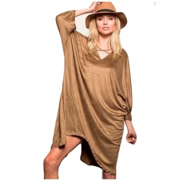 FAUX Suede Dress w Metallic Studded Trim