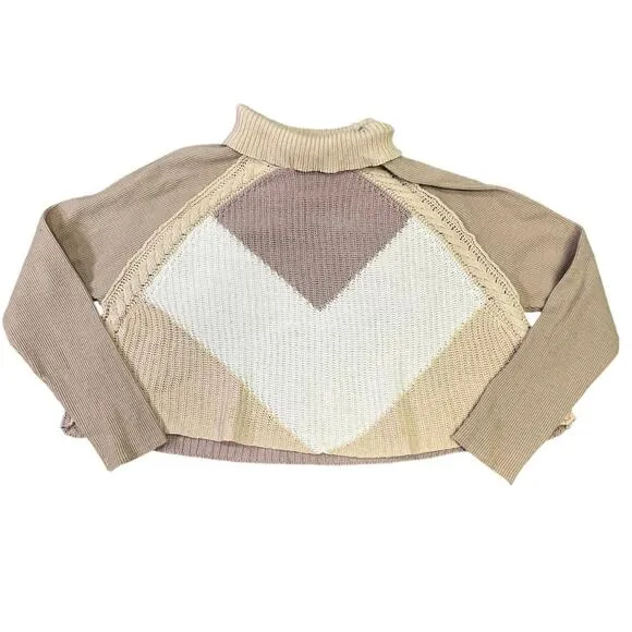Free People Colorblock Knit Turtleneck Sweater, Women’s Medium Cropped Beige
