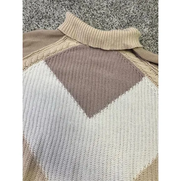 Free People Colorblock Knit Turtleneck Sweater, Women’s Medium Cropped Beige