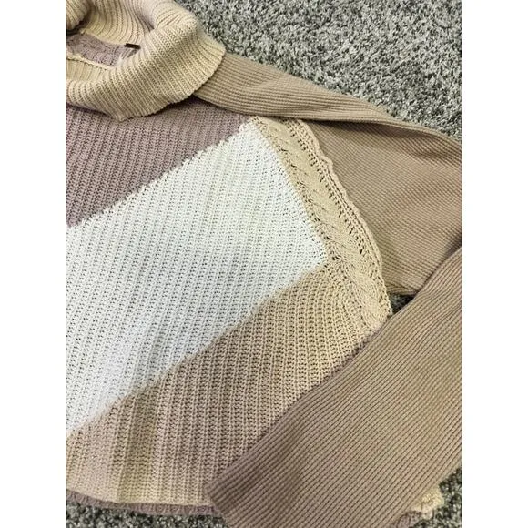 Free People Colorblock Knit Turtleneck Sweater, Women’s Medium Cropped Beige