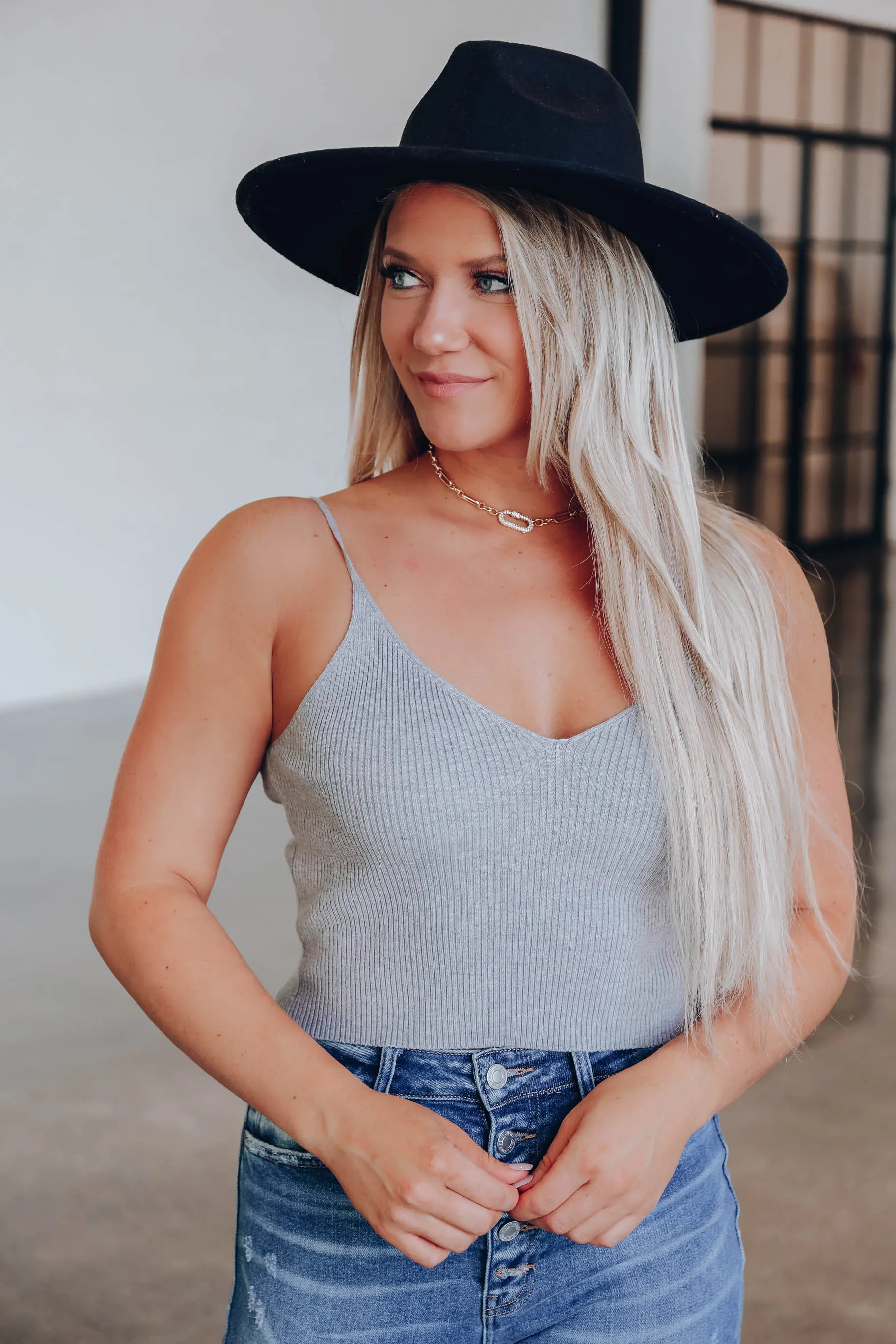 Jane Cropped Ribbed Cami - Grey