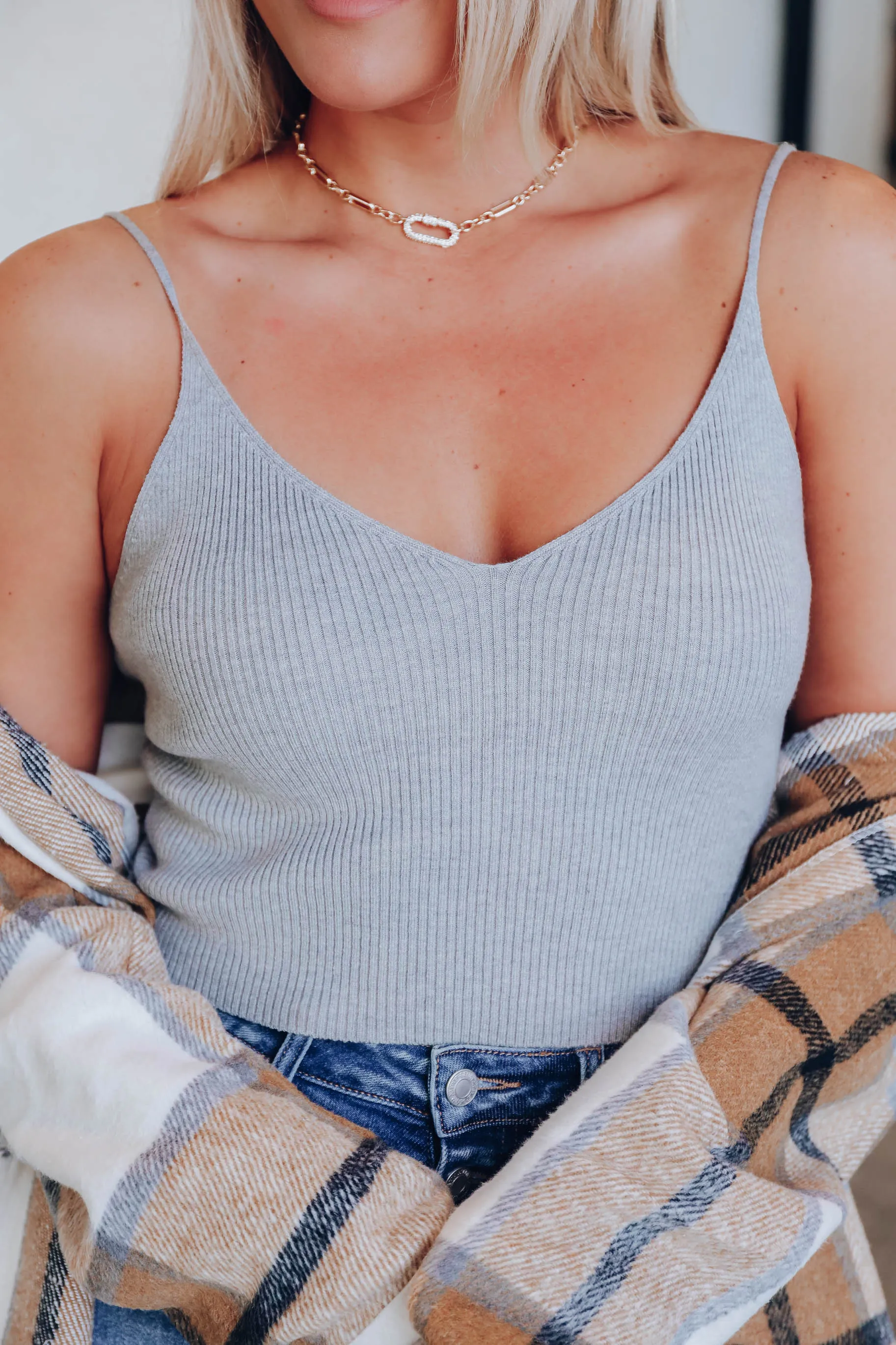 Jane Cropped Ribbed Cami - Grey