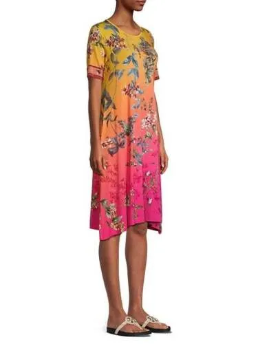 Johnny Was Emboy Swing Dress Blouse Floral Short Sleeve Pink Yellow Flowers New