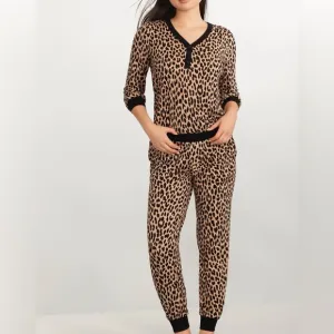 Kate Spade New York Leopard Cozy Jersey Knit Henley Pajama Set