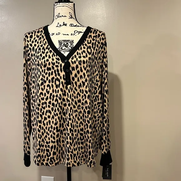 Kate Spade New York Leopard Cozy Jersey Knit Henley Pajama Set