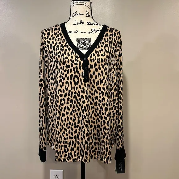 Kate Spade New York Leopard Cozy Jersey Knit Henley Pajama Set