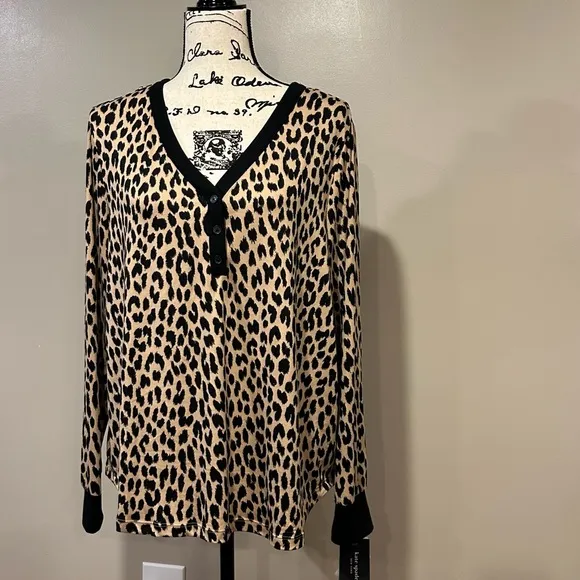 Kate Spade New York Leopard Cozy Jersey Knit Henley Pajama Set